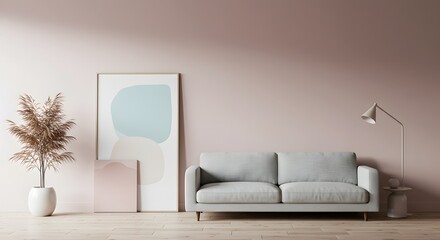 Interior featuring a grey sofa artwork plant lamp and a pink wall showcasing minimalist decor