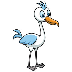 A cartoon seabird with big eyes and a curved orange beak stands tall