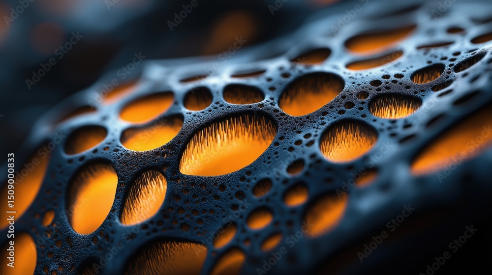 Poster microscopic mesh structure with glowing orange cores in black organic web