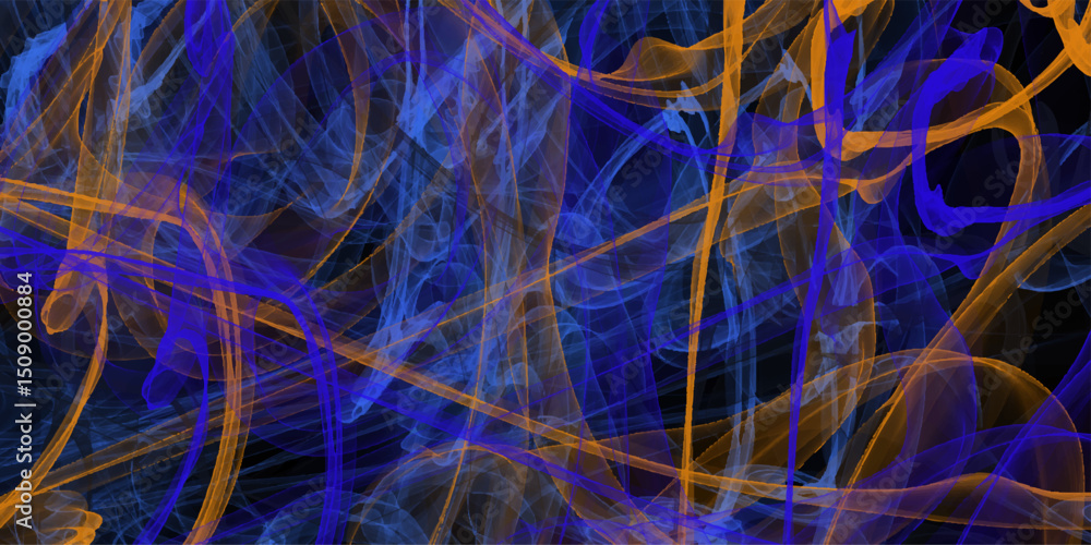 Poster abstract artistic design featuring interwoven flowing lines in shades of blue and orange against a d