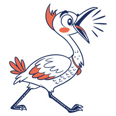 Animated cartoon bird is walking rapidly, with open beak singing with fervor