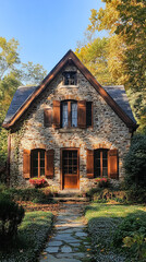 Obraz premium Small house with a stone roof and a stone walkway