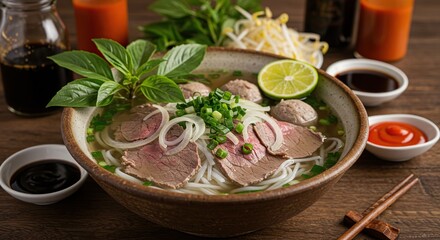 Traditional Pho Soup with Beef and Fresh Herbs Authentic Vietnamese Comfort Food Meal Delicious Cuisine