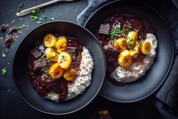 Enjoy a delightful seasonal breakfast with creamy oatmeal adorned with rich chocolate sauce, sweet banana slices, and garnished with fresh coconut