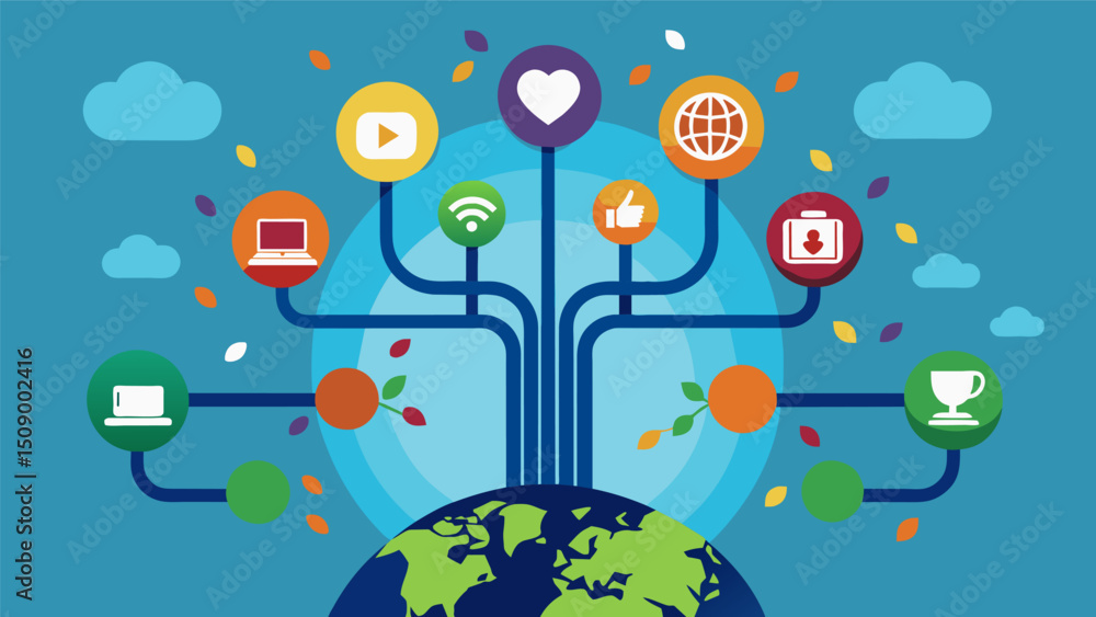 Poster a digital tree with roots representing the origins of social media and branches symbolizing its grow