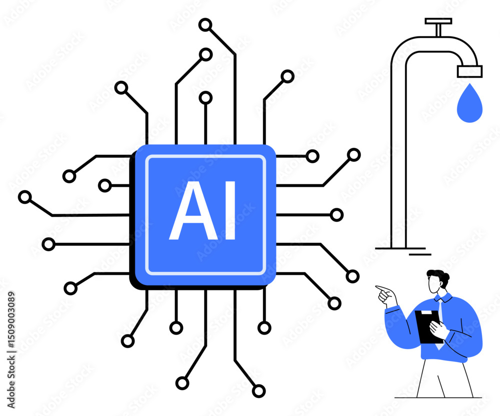 Poster ai processor chip with connected circuits symbolizing networks alongside water faucet and person hol