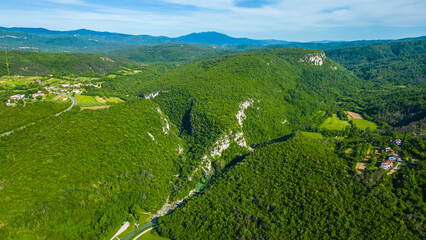 Drone view of Buzetski canyon on the Seven Waterfalls Trail near Buzet and Selca, Istria. Deep...