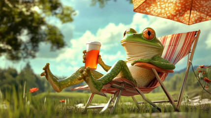 relaxing Frog sits on his lawn chair