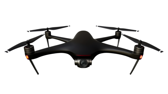 Black quadcopter with camera, remote pilotless aircraft, cut out transparent