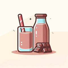A bottle and glass of chocolate milk with a straw and chocolate bars beside them on a beige surface