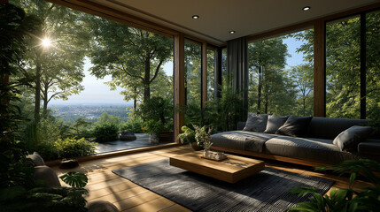 Interior Retreat: The spacious living room seamlessly blends indoor comfort with the vibrant beauty of the surrounding forest, creating a serene and inviting atmosphere.