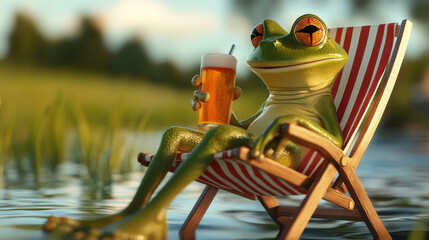 relaxing Frog sits on his lawn chair