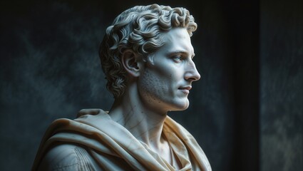 Marble bust profile, dark background, art history	