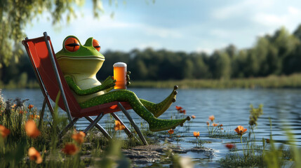 relaxing Frog sits on his lawn chair
