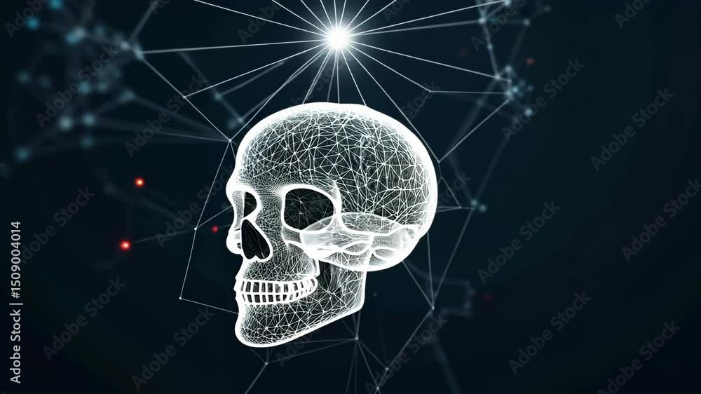 Poster skull illustration with neural connections on dark background for science and technology concepts