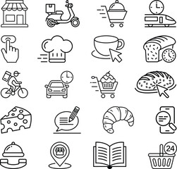 Black and White Icon Set Illustrating Food Delivery and Dining Concepts