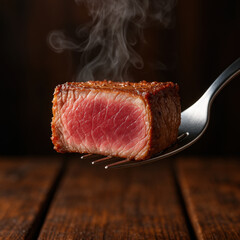 Juicy steak slice with perfect sear, showcasing tender pink center and steam rising, evokes mouthwatering experience