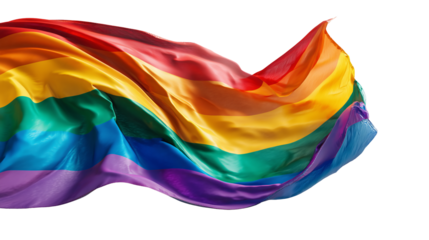 Vibrant rainbow flag waving in celebration of LGBT Pride Month against a clean white background