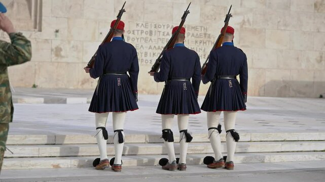 Ceremonial changing of Evzoni guards at unknown soldier monument in Athens, Greece