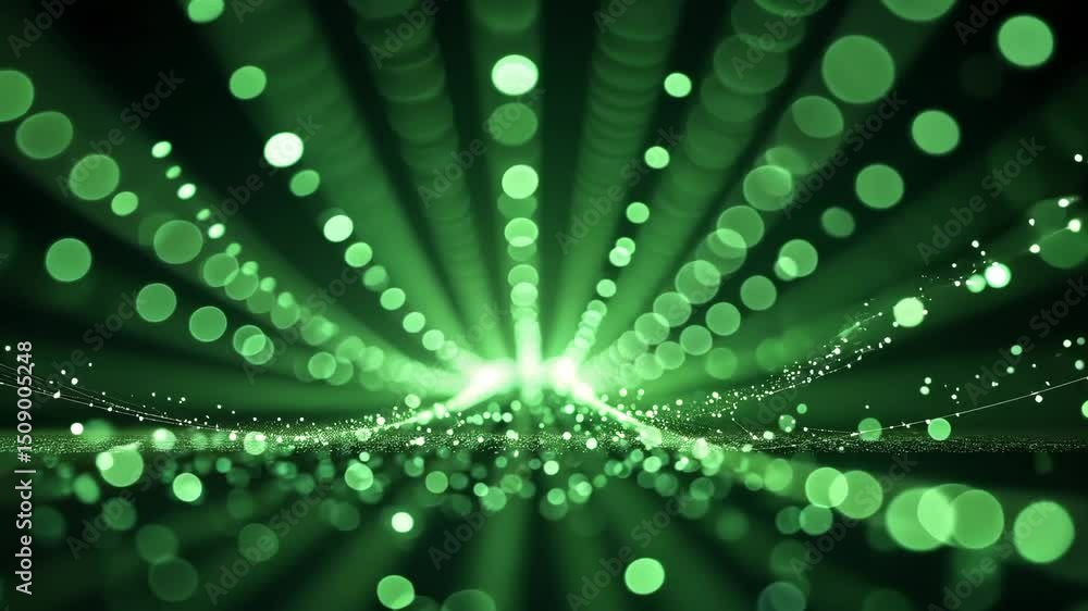 Poster vibrant green particle burst with abstract light effects in defocused background