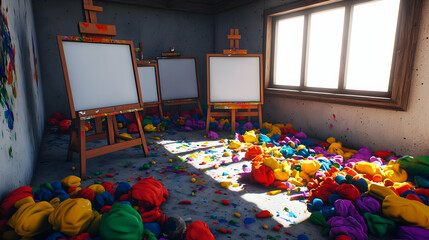 Pixel Art Studio With Colorful Balloons And Paint Splatters
