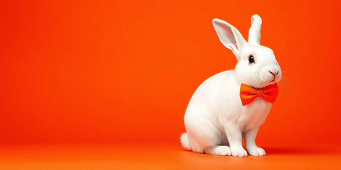 Cute white Easter bunny with orange bow tie sits against bright orange background. Fluffy hare symbol of spring holiday celebration, copy space on left