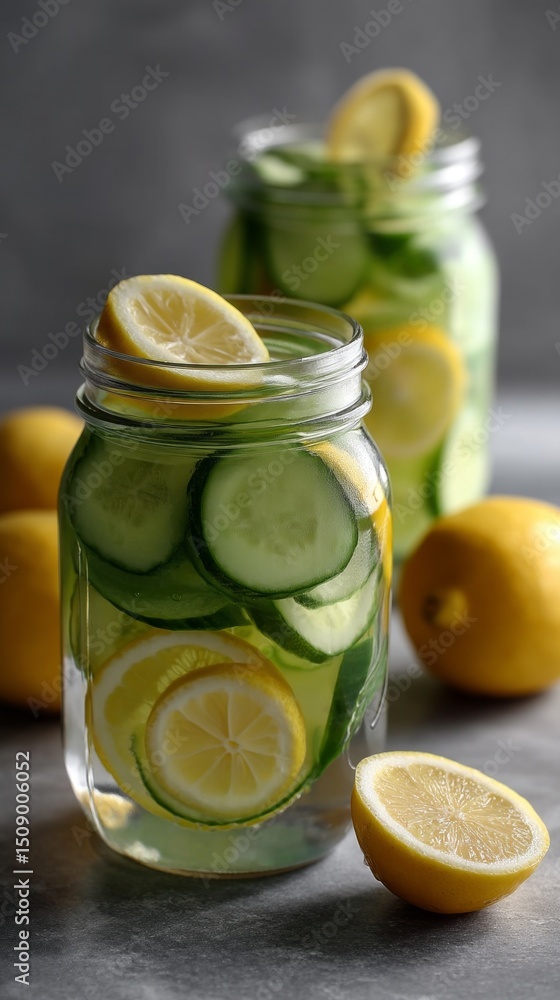 Poster refreshing cucumber and lemon slices float in clear jars filled with infused water, ideal for a summ