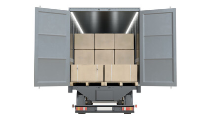 Rear view of a shipping truck trailer fully loaded with palletized boxes. Isolated on transparent background. 3D illustration.