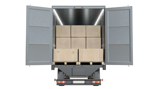 Rear view of a shipping truck trailer fully loaded with palletized boxes. Isolated on transparent background. 3D illustration.