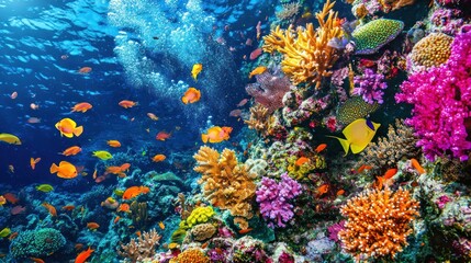 Vibrant coral reef teeming with colorful fish.