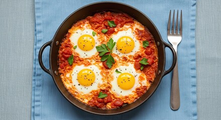 Shakshuka with Four Eggs Served in Frying Pan Over Blue Cloth Texture Delicious Meal Preparation