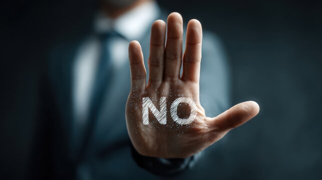 A business professional in a suit displays an open hand with the word 'NO' written across the palm, conveying a strong refusal during a discussion in an office