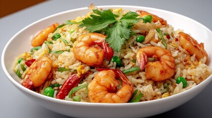 Photograph of shrimp fried rice with peas, chili peppers, and cilantro in a white bowl.