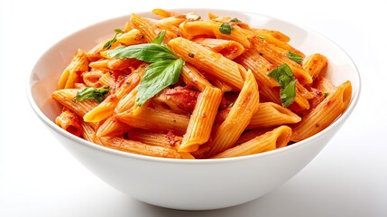 Photograph of cooked penne pasta in a white bowl, topped with tomato sauce and basil leaves.