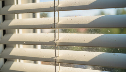 Dust-covered blinds on window with sunlight shining through  