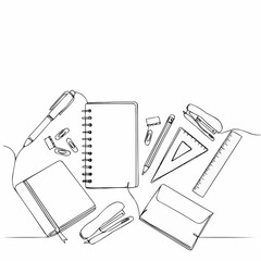 Minimalist illustration of various stationery items arranged on a surface. This line art style shows a pen, stapler, notebook, triangle ruler, clips and more.