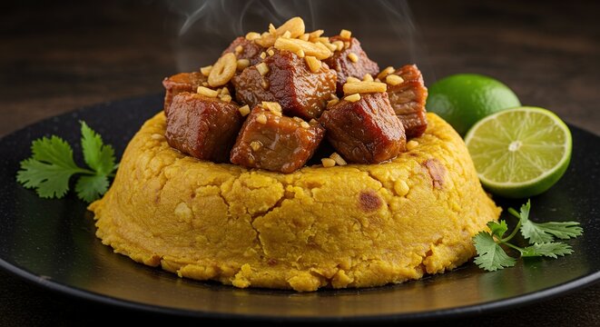 Delicious Mofongo with Fried Pork and Lime on Black Plate a Culinary Delight Meal