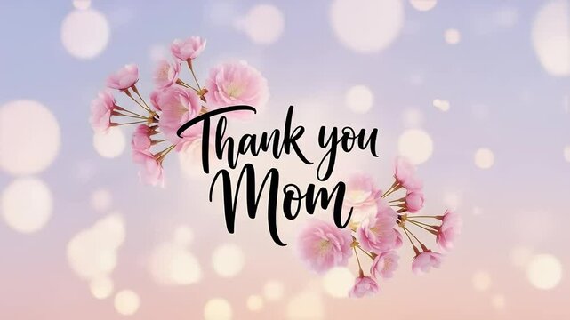 Handwritten Thank You Mom text with delicate flowers and bokeh animation