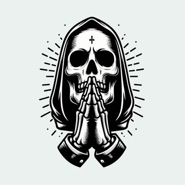 illustration of a skull with praying hands