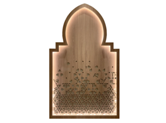 Wooden laser cut. Ornate Archway Design with Geometric Pattern and Wood Texture. elegant eid mubarak background with islamic ornamental. mosque ornament