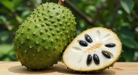 Soursop Cut and Uncut with Seeds on Wood Surface High Angle Exotic Tropical Fruit