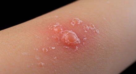 Close-up of itchy rash on forearm with red blisters and irritation  