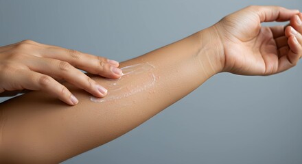 Fototapeta premium Woman applying cream to itchy rash on forearm against gray background 