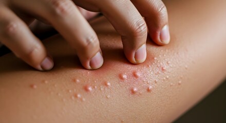 Close-up of hand touching itchy rash on forearm with skin irritation  