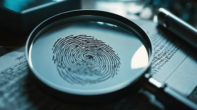 Fingerprint under magnifying glass, evidence, crime scene investigation. Forensics science.