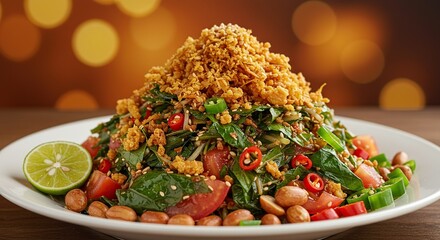 Delicious Tea Leaf Salad with Peanuts Tomatoes Peppers Isolated on Brown Background Food Photography