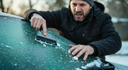 Man scraping ice from windshield during winter morning outdoors  