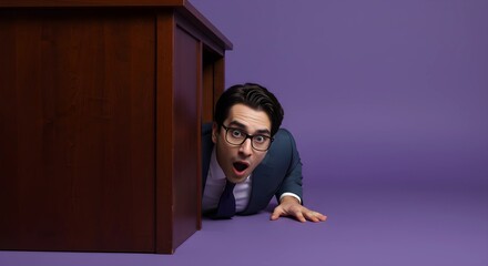 Man hiding under desk in fear against purple background  