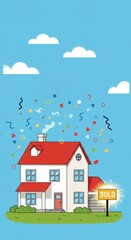 A happy house with a red roof displays a sold sign while colorful confetti floats in the air