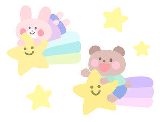 流れ星につかまって空を飛ぶクマとうさぎ